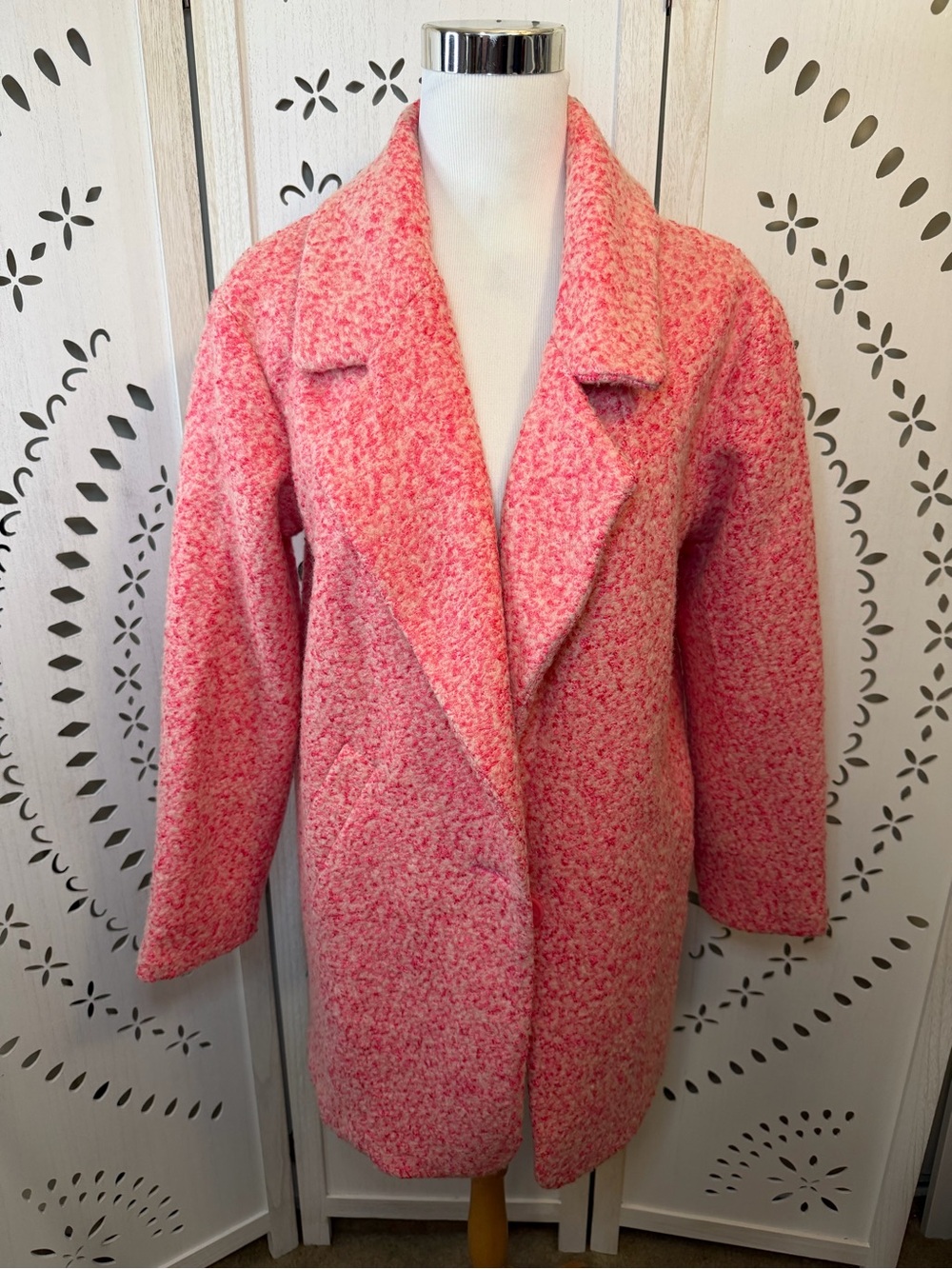 Women’s Pink Boucle Textured Open-Front Coat